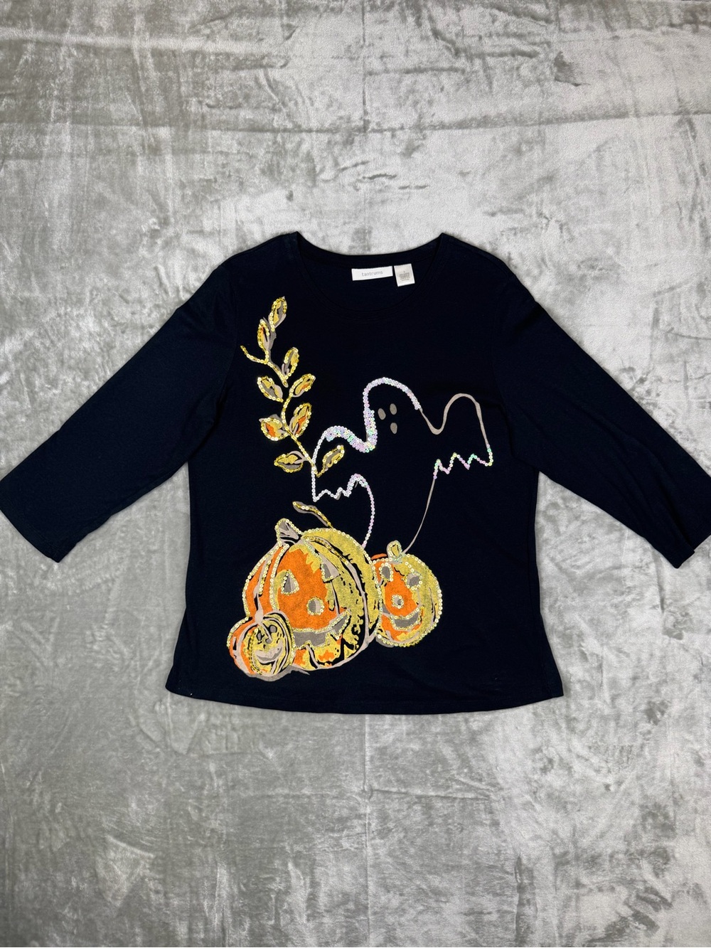 Tantrums Black Halloween Pumpkin Ghost Sequins Jersey Top 3/4 Sleeves Large